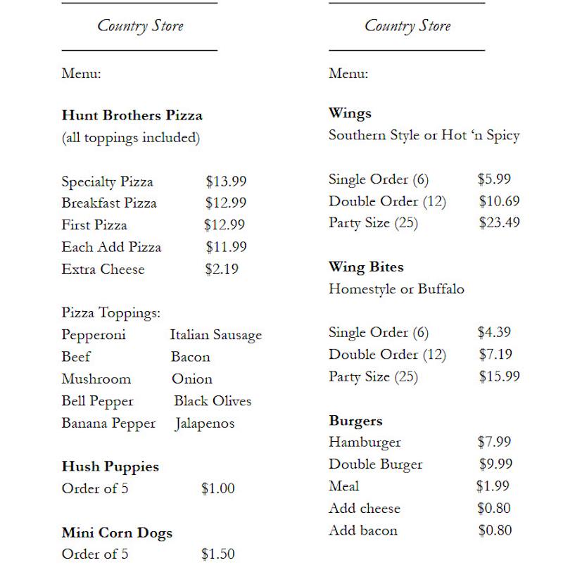 Menu - Lovin' Life RV Park Country Store